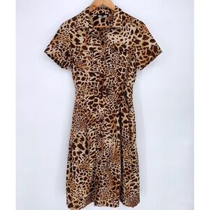 VTG Jones NY Animal Print Safari Belted‎ Short Sleeve 90s Midi Dress Size 8